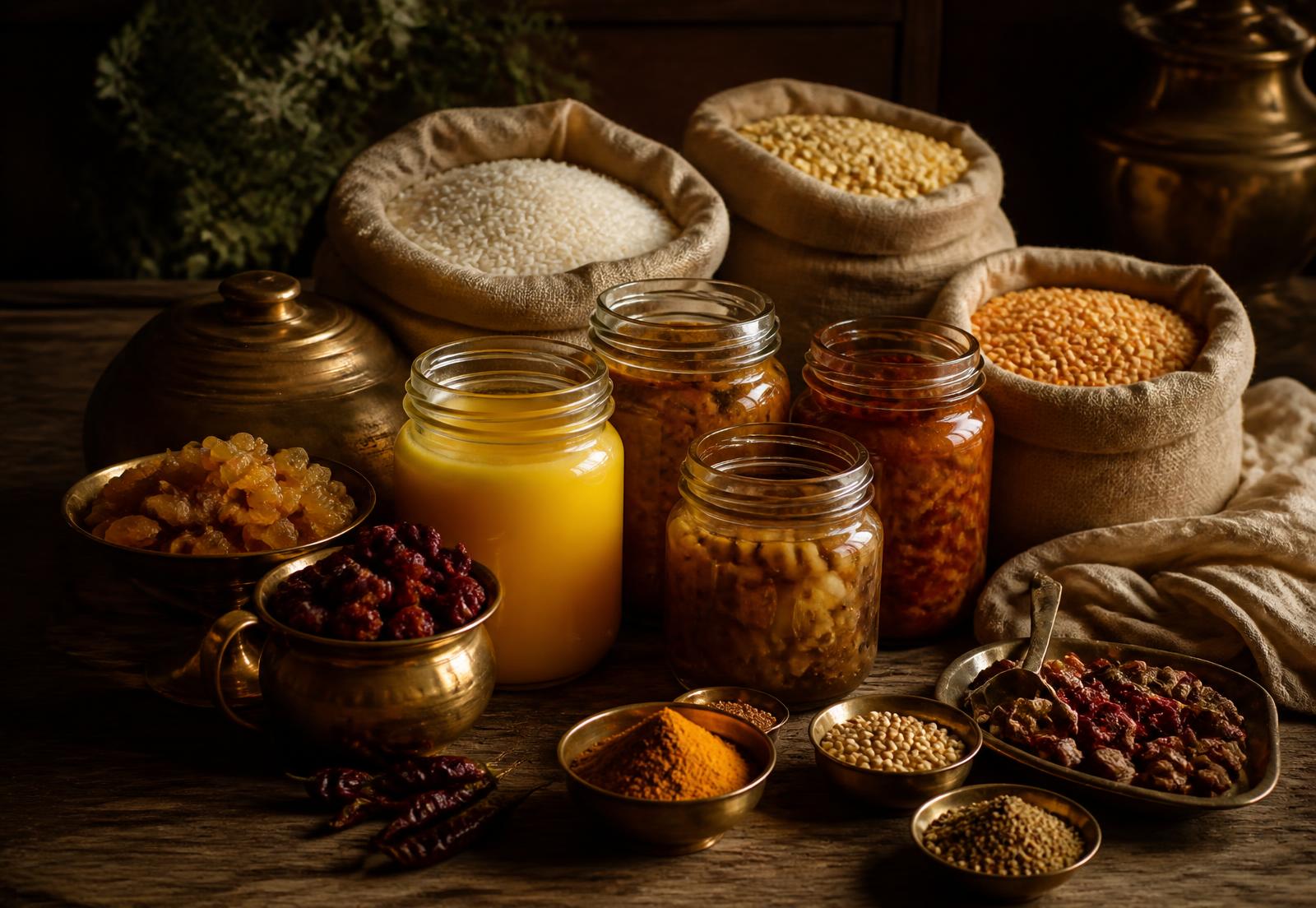 Estate pantry: ghee, pickles, preserves, rice and spices